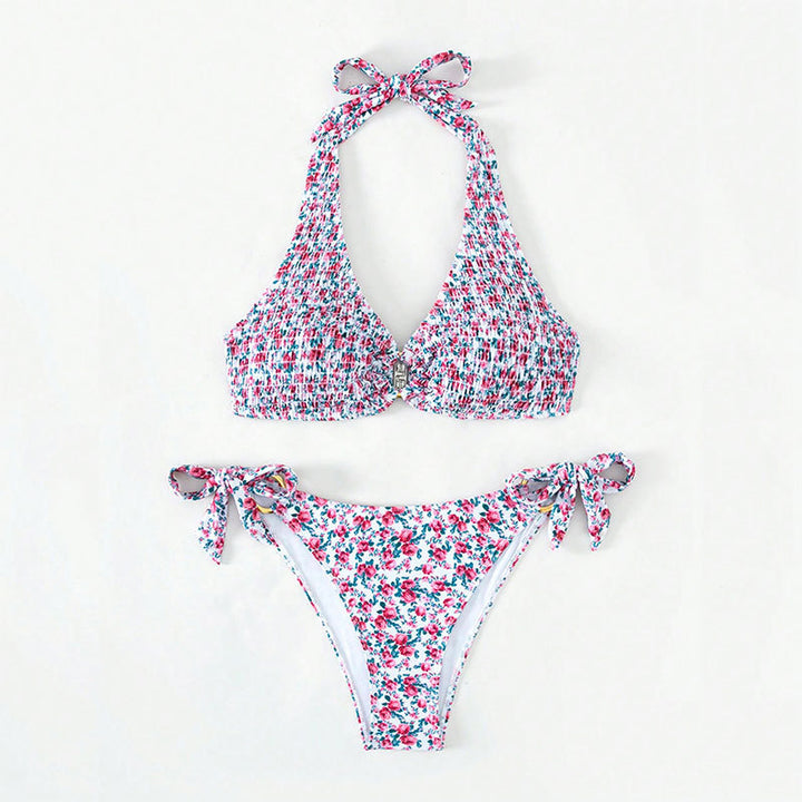 Damen Triangel-Bikini mit buntem Blumenmuster und verstellbaren Bindebändern Drune