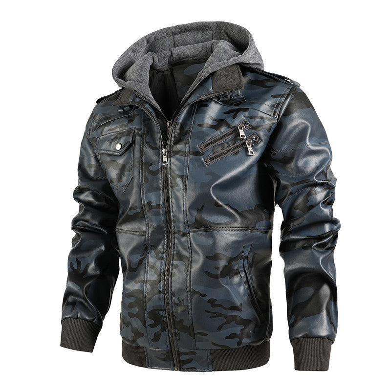Herren Kunstlederjacke mit abnehmbarer Kapuze und multifunktionalen Taschen Drune