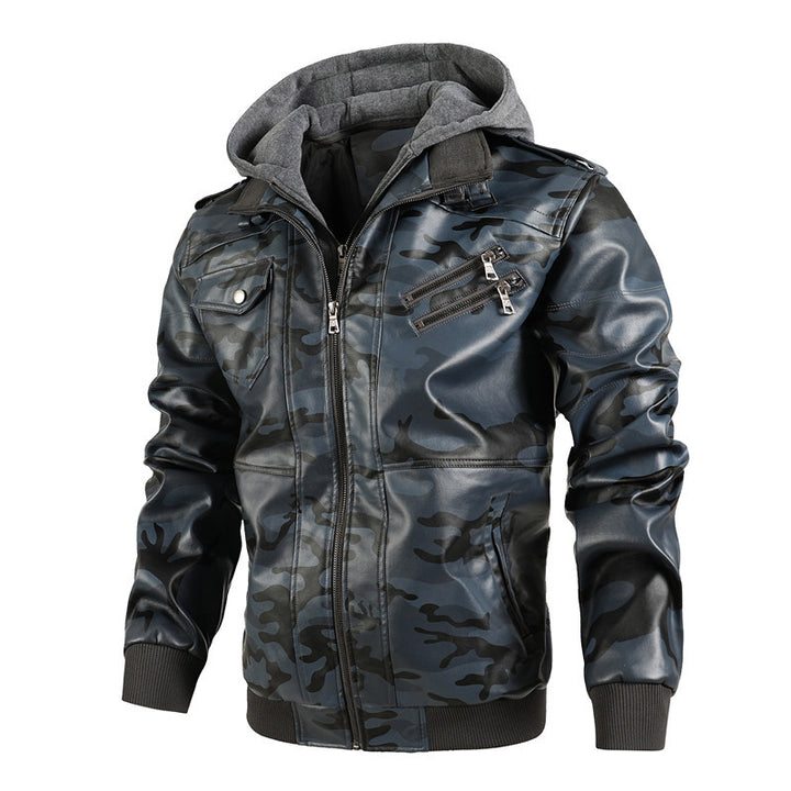 Herren Kunstlederjacke mit abnehmbarer Kapuze und multifunktionalen Taschen Drune