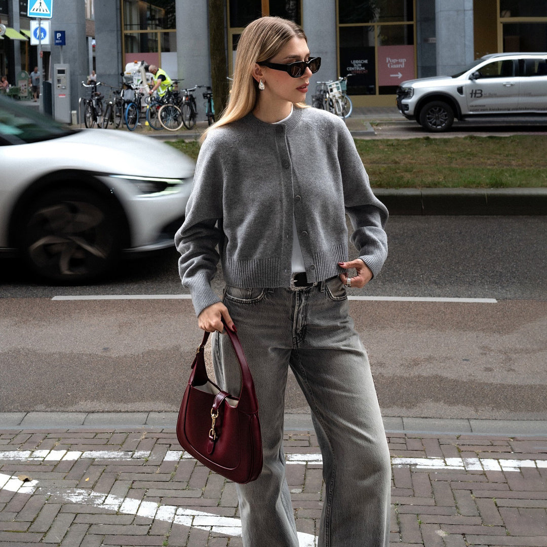Damen elegante Strickjacke mit modischem Kragen und Knopfdetails Drune