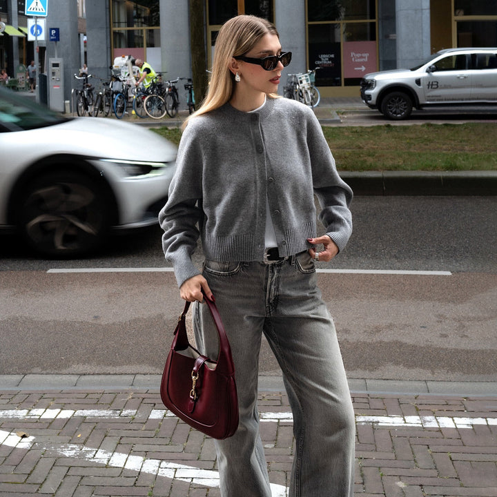 Damen elegante Strickjacke mit modischem Kragen und Knopfdetails Drune
