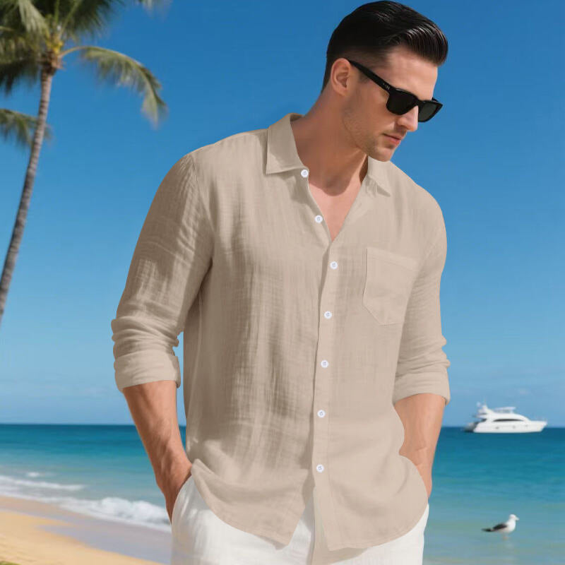 Herren nan Resort-Langarmhemd aus Leinenvoile mit offenem Kentkragen und aufgesetzter Brusttasche Drune