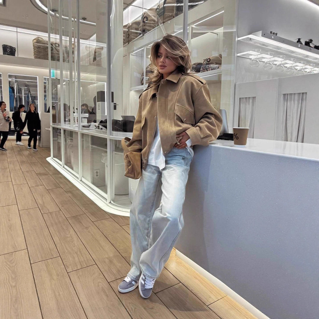 Damen lässige Wildlederjacke mit praktischen Taschen und elastischem Bund Drune