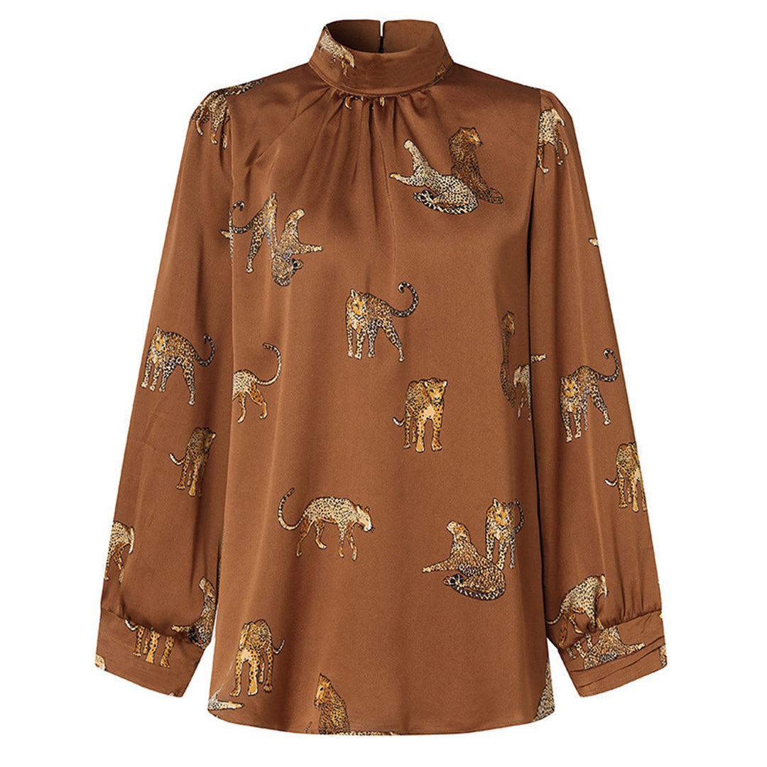 Damen Langarmbluse mit tierischem Print und Stehkragen Drune