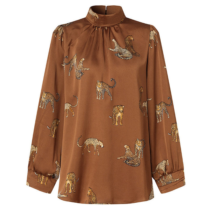 Damen Langarmbluse mit tierischem Print und Stehkragen Drune