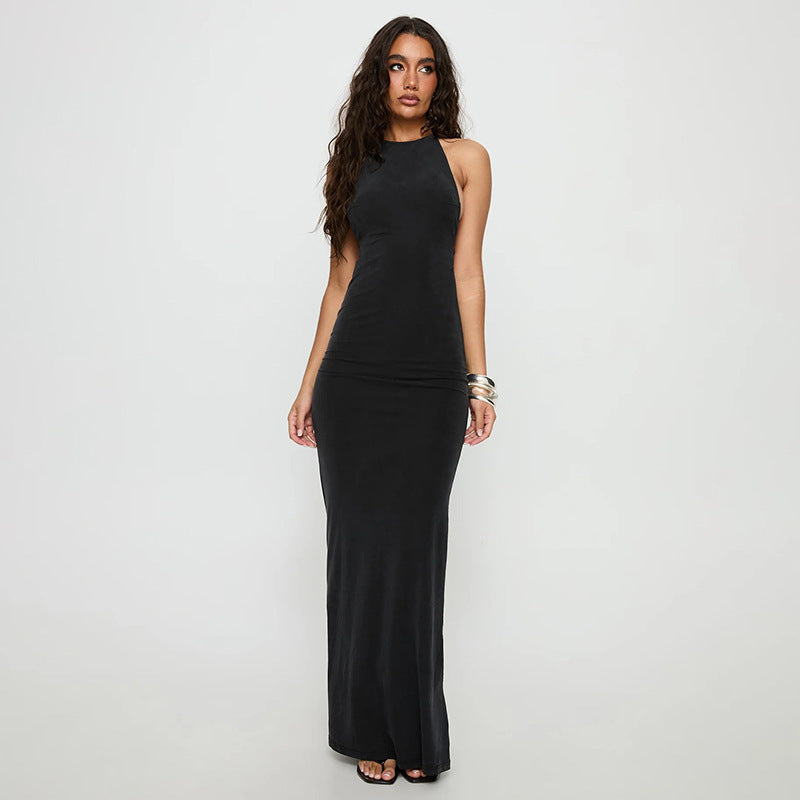 Damen elegantes Maxikleid mit haltem Ausschnitt und figurbetontem Schnitt Drune