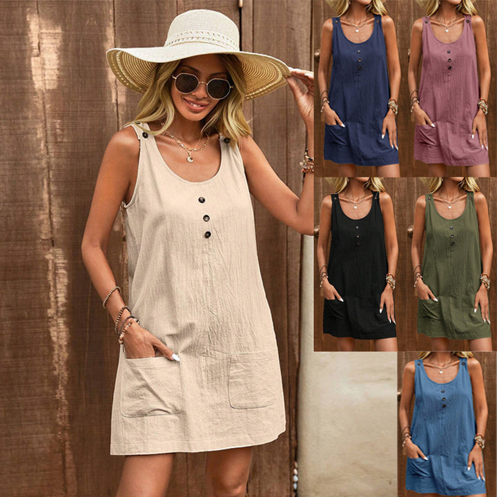 Damen lässiges Sommerkleid mit Knopfdetails und praktischen Taschen Drune
