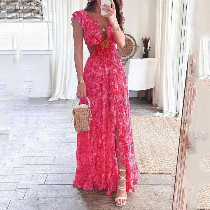 Damen Maxikleid mit hohem Schlitz und floralen Rüschendetails Drune