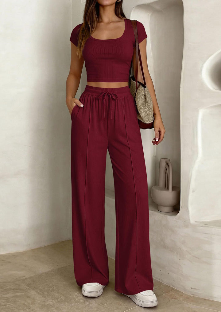 Damen lässiges Cropped-Top und weite Hose Set Drune
