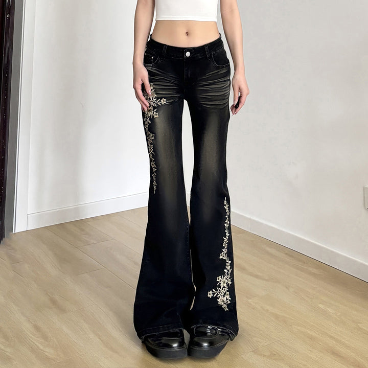 Damen Flared Jeans mit eleganter Blumenstickerei Drune