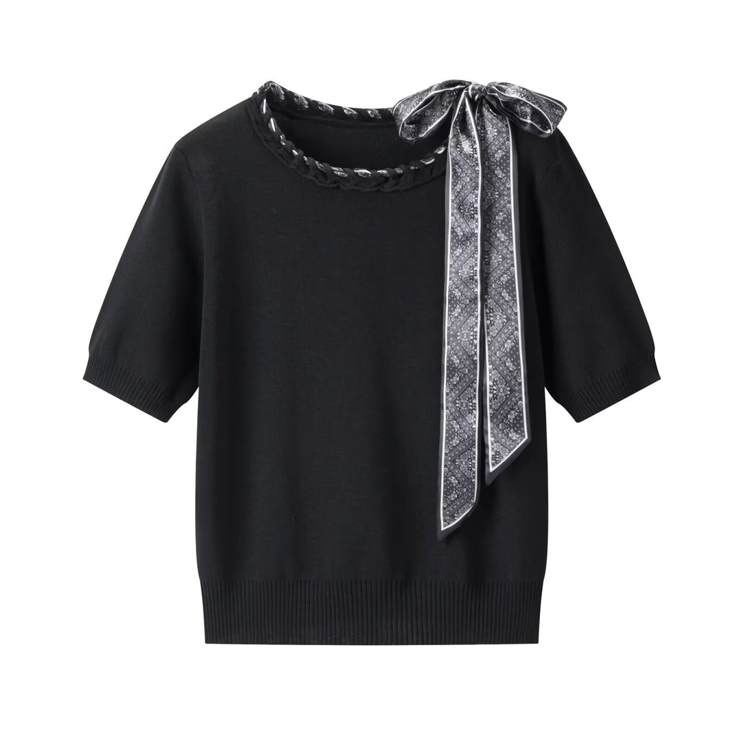 Damen Kurzarmpullover mit dekorativem Halsband und stylischem Schleifendetail Drune