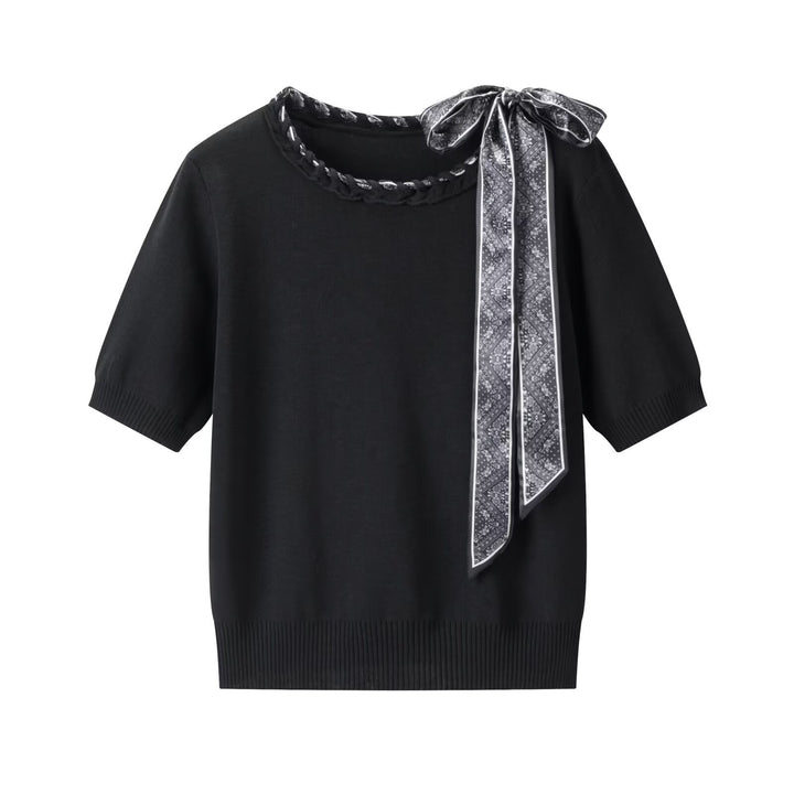 Damen Kurzarmpullover mit dekorativem Halsband und stylischem Schleifendetail Drune