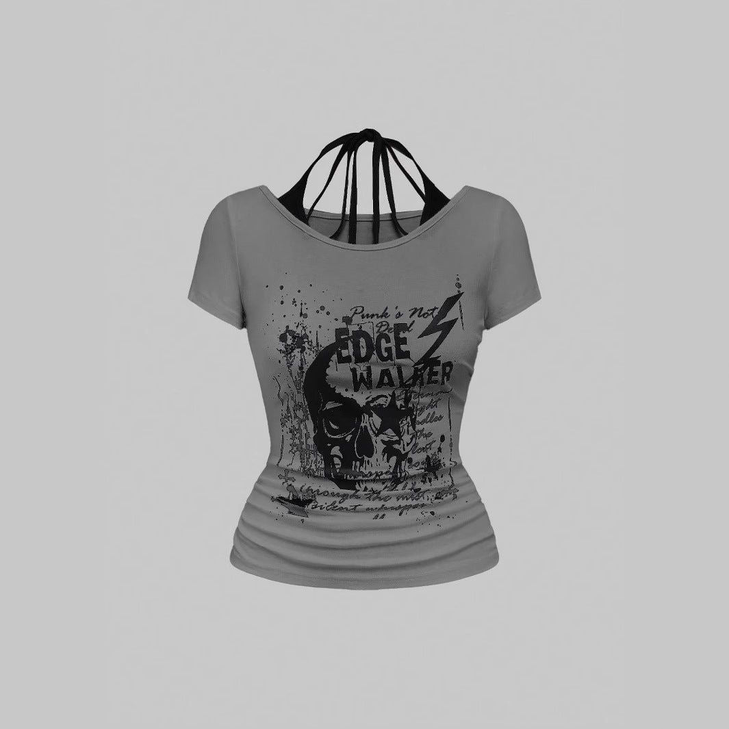 Damen kreatives Grafik-T-Shirt mit verführerischem Rückenausschnitt Drune