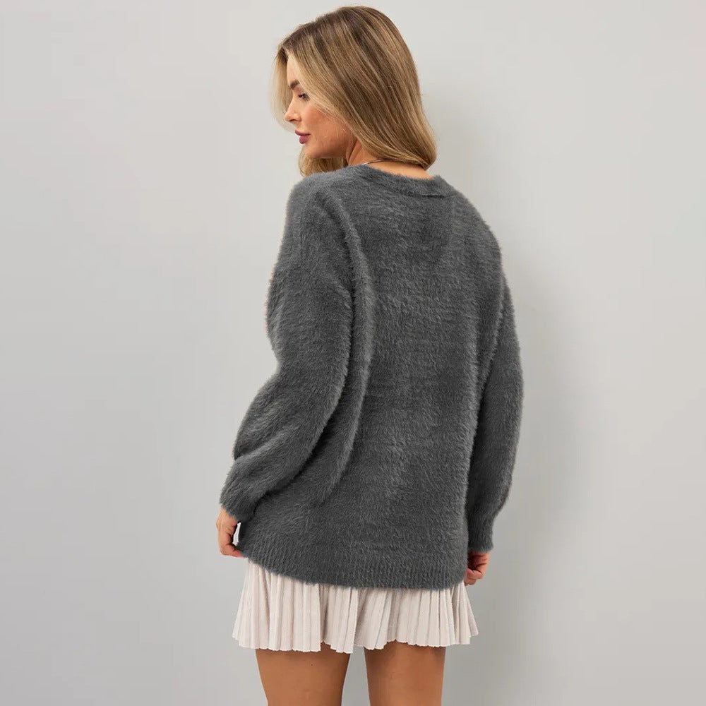 Damen Flauschiger Cardigan mit tiefem V-Ausschnitt und Knopfdetails Drune
