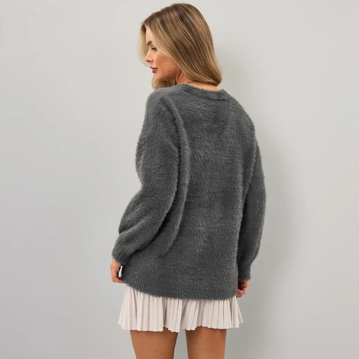 Damen Flauschiger Cardigan mit tiefem V-Ausschnitt und Knopfdetails Drune