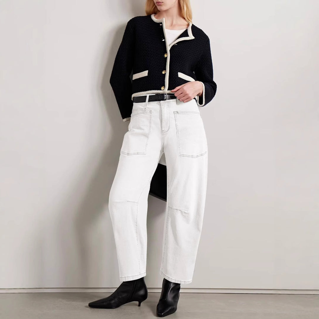 Damen nan lässige Canvas-Hose mit hohem Bund, weitem Bein und aufgesetzten Taschen Drune
