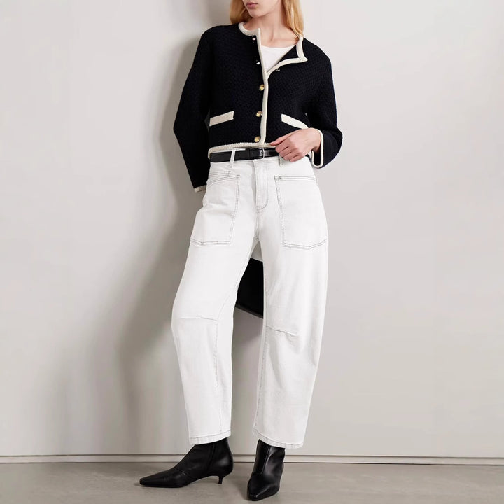 Damen nan lässige Canvas-Hose mit hohem Bund, weitem Bein und aufgesetzten Taschen Drune