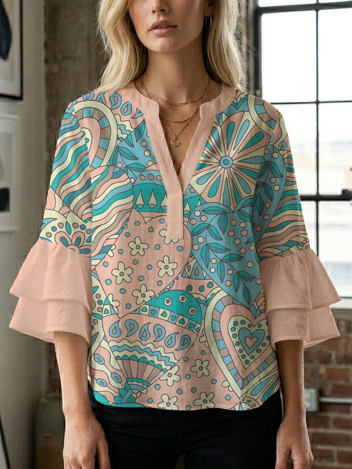 Damen elegantes Oberteil mit voluminösen Rüschensäumen und floralem Design Drune