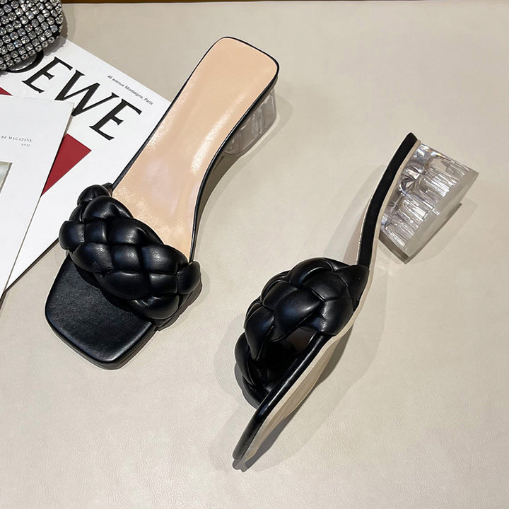 Damen Mules mit geflochtenem Riemen und transparentem Blockabsatz Drune