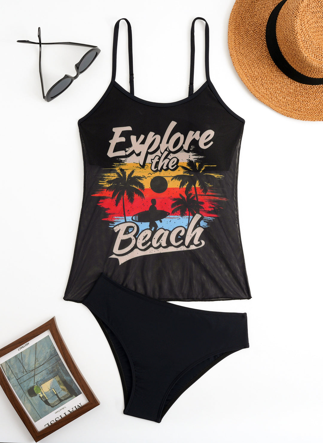 Damen Strandtop mit buntem Grafikdesign und passendem Bikiniunterteil Drune