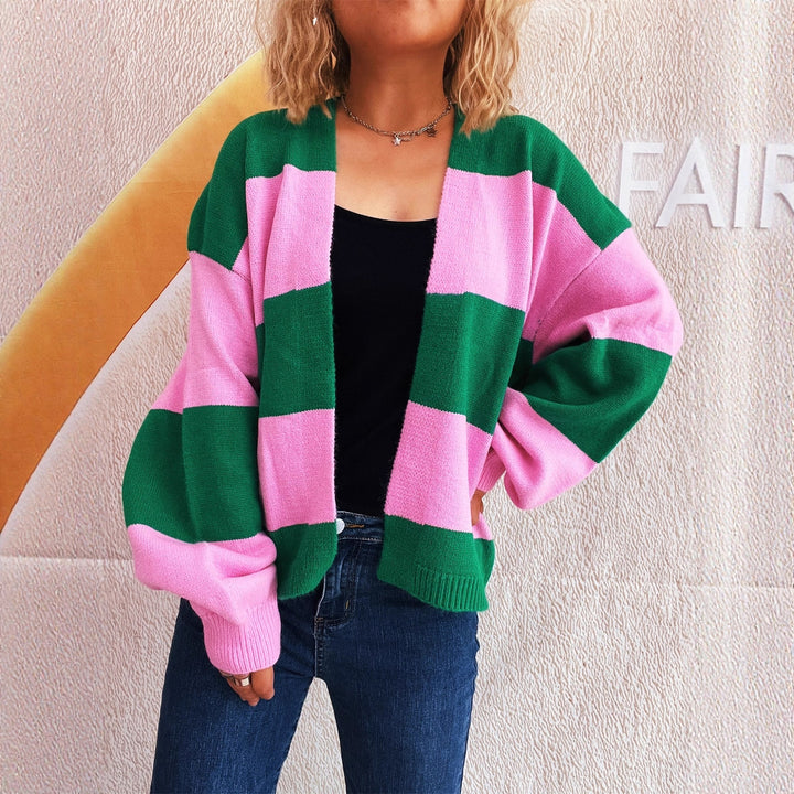Damen lässige Strickjacke mit breitem Streifenmuster und extra weitem Schnitt Drune
