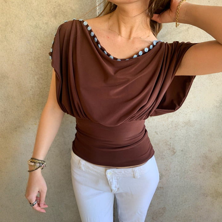 Damen Off-Shoulder Oberteil mit eleganter Knopfverzierung Drune