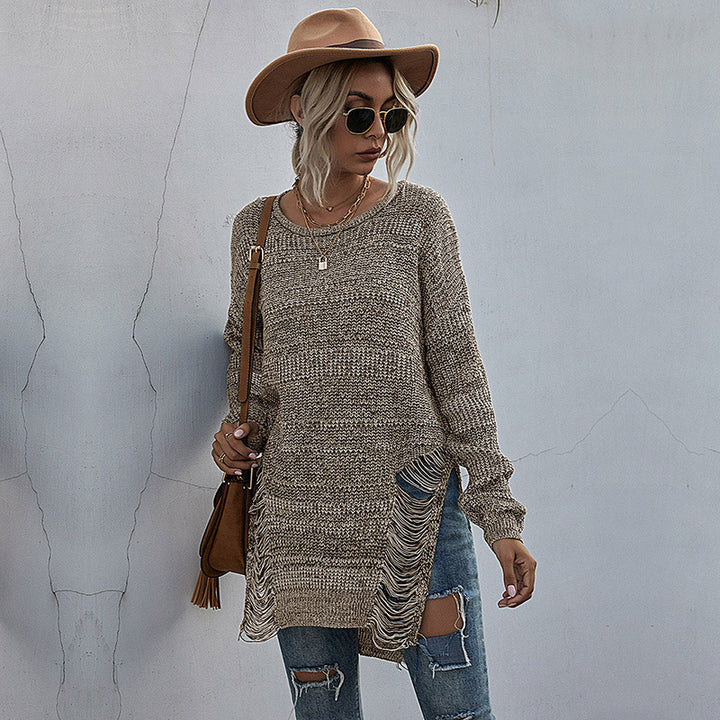 Damen lässiger Strickpullover mit moderner Fransenoptik und asymmetrischem Saum Drune
