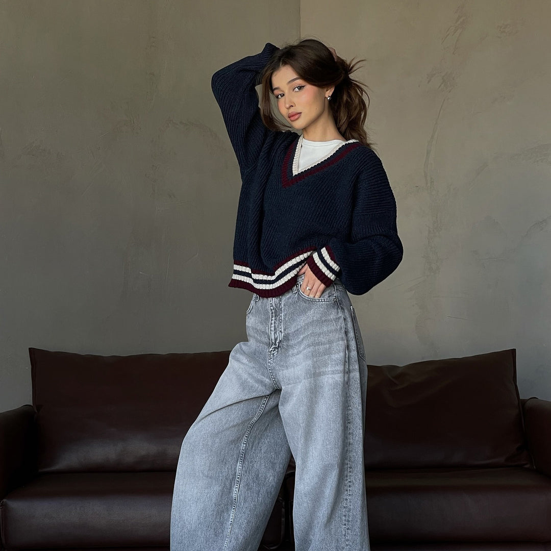 Damen lässiger Pullover mit V-Ausschnitt und Streifendetails Drune