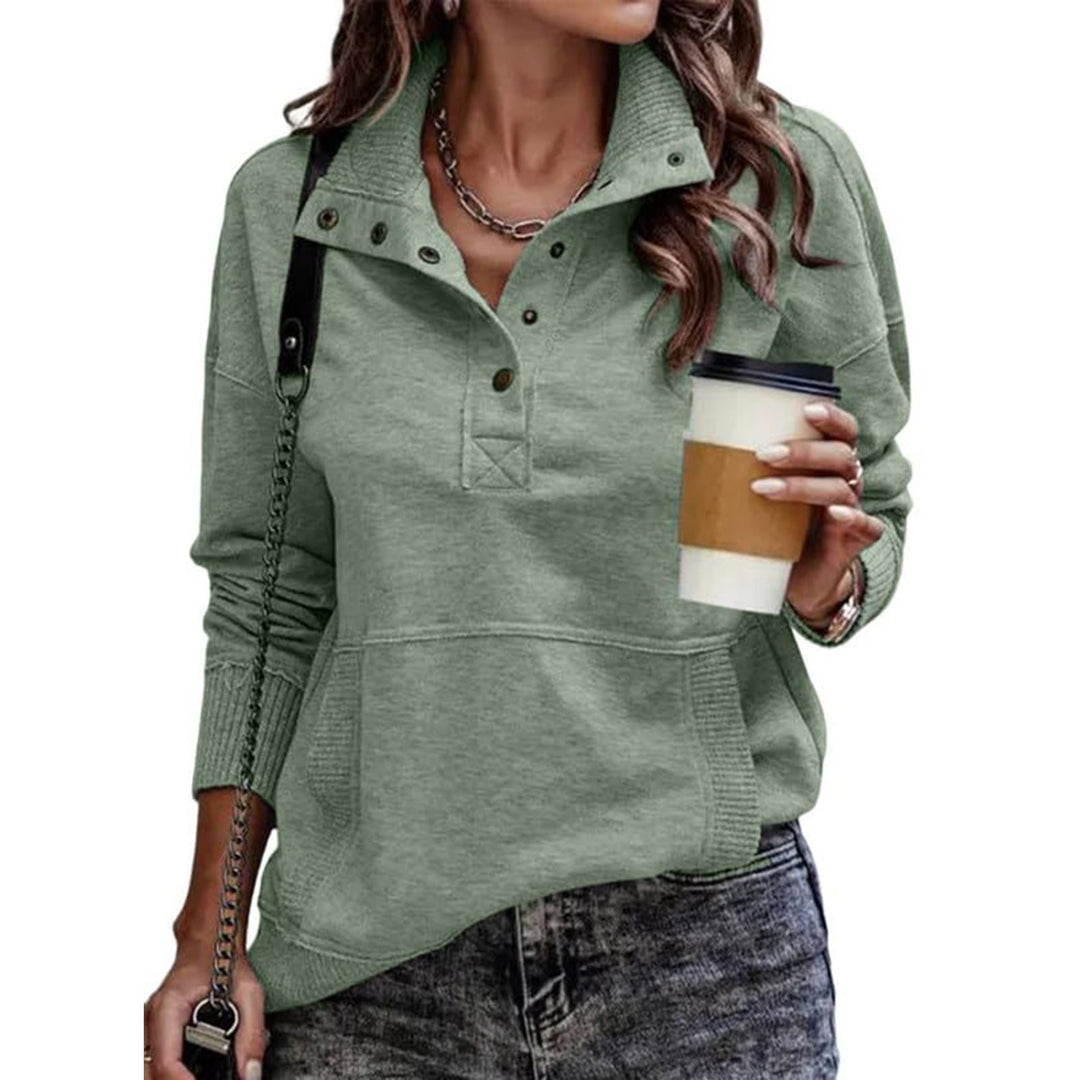 Damen sportlicher Pullover im Vintage-Style mit Stehkragen und Druckknöpfen Drune