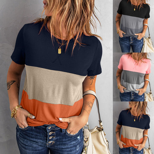 Damen lässiges T-Shirt mit farbigem Blockdesign und Rundhalsausschnitt Drune