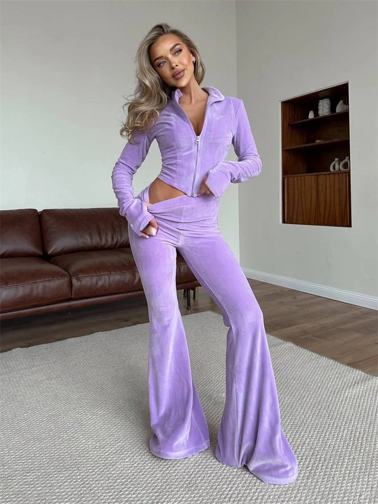 Damen lässiger Fleece-Jumpsuit mit hohem Kragen und weitem Bein Drune
