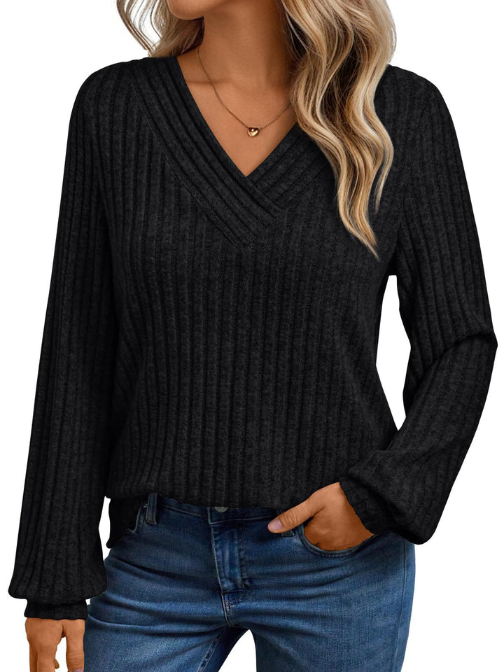Damen gemütliches Langarmshirt mit strukturiertem V-Ausschnitt Drune