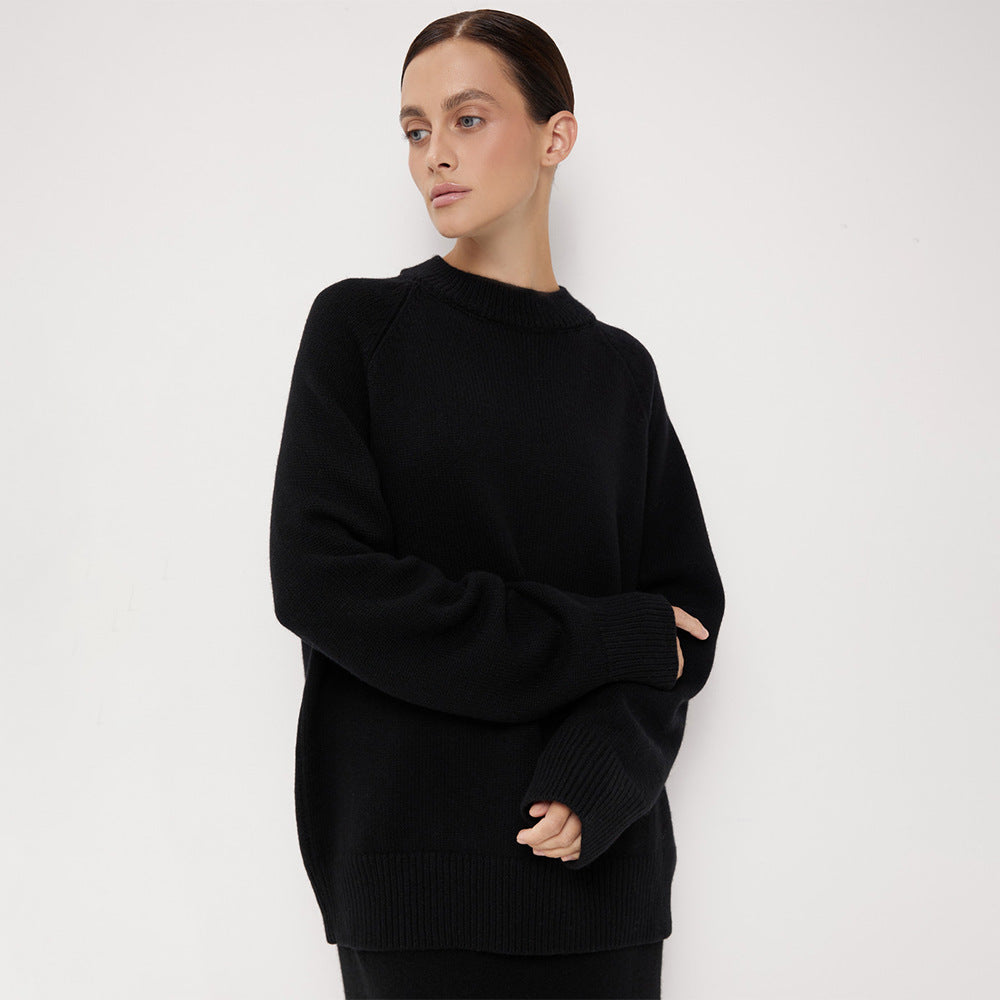 Damen Oversized Strickpullover mit elegantem Rundhalsausschnitt und tiefen Schultern Drune