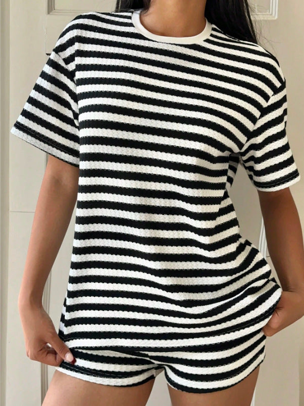 Damen lässiges gestreiftes T-Shirt mit hochwertiger Struktur Drune