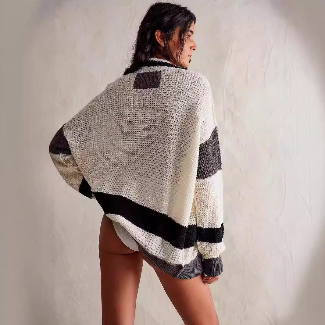 Damen lässiger Strickcardigan mit großen Taschen und stilvollen Kontraststreifen Drune