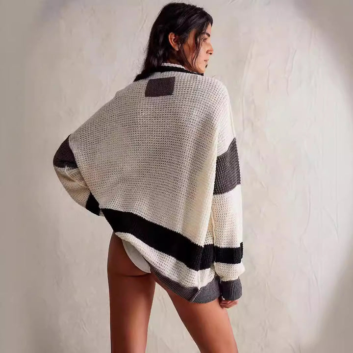 Damen lässiger Strickcardigan mit großen Taschen und stilvollen Kontraststreifen Drune