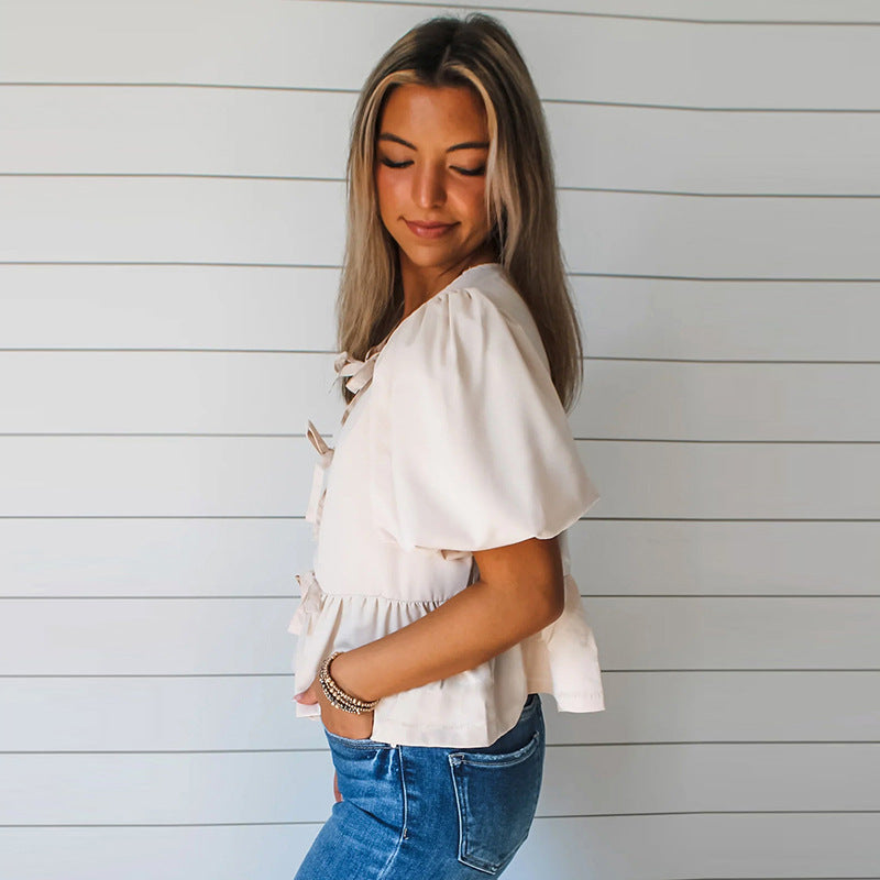 Damen Bluse mit Rüschen und Bindebändern Drune