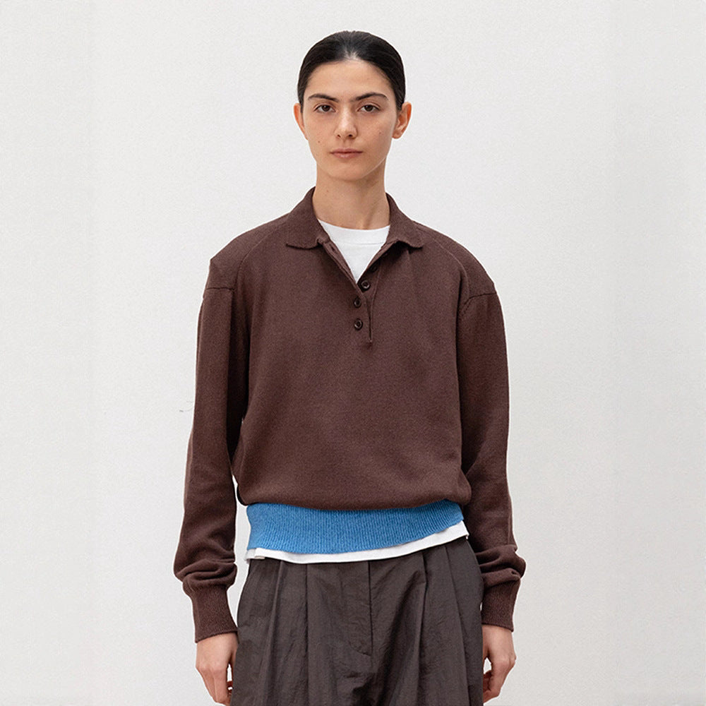 Damen lässiger Strickpullover mit Polokragen und kontrastierendem Bund Drune