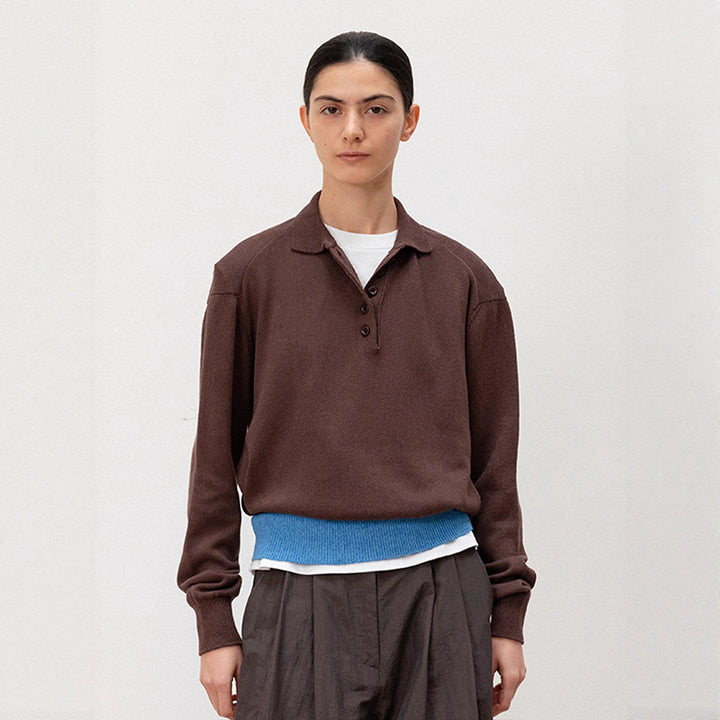 Damen lässiger Strickpullover mit Polokragen und kontrastierendem Bund Drune