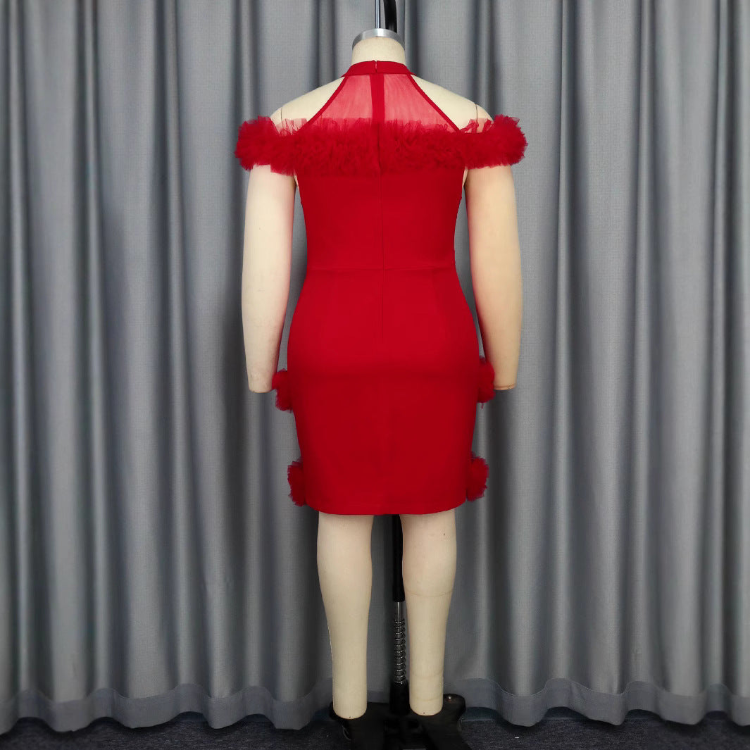Damen glamouröses Abendkleid mit Rüschenrand und Glitzer-Gürtel Drune