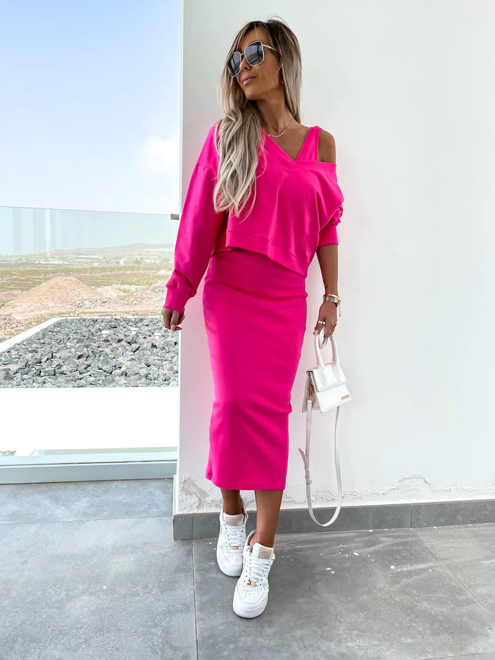 Damen nan zweiteiliges Midirock-Set mit off-shoulder Oversize-Sweatshirt und figurbetontem Bleistiftrock Drune