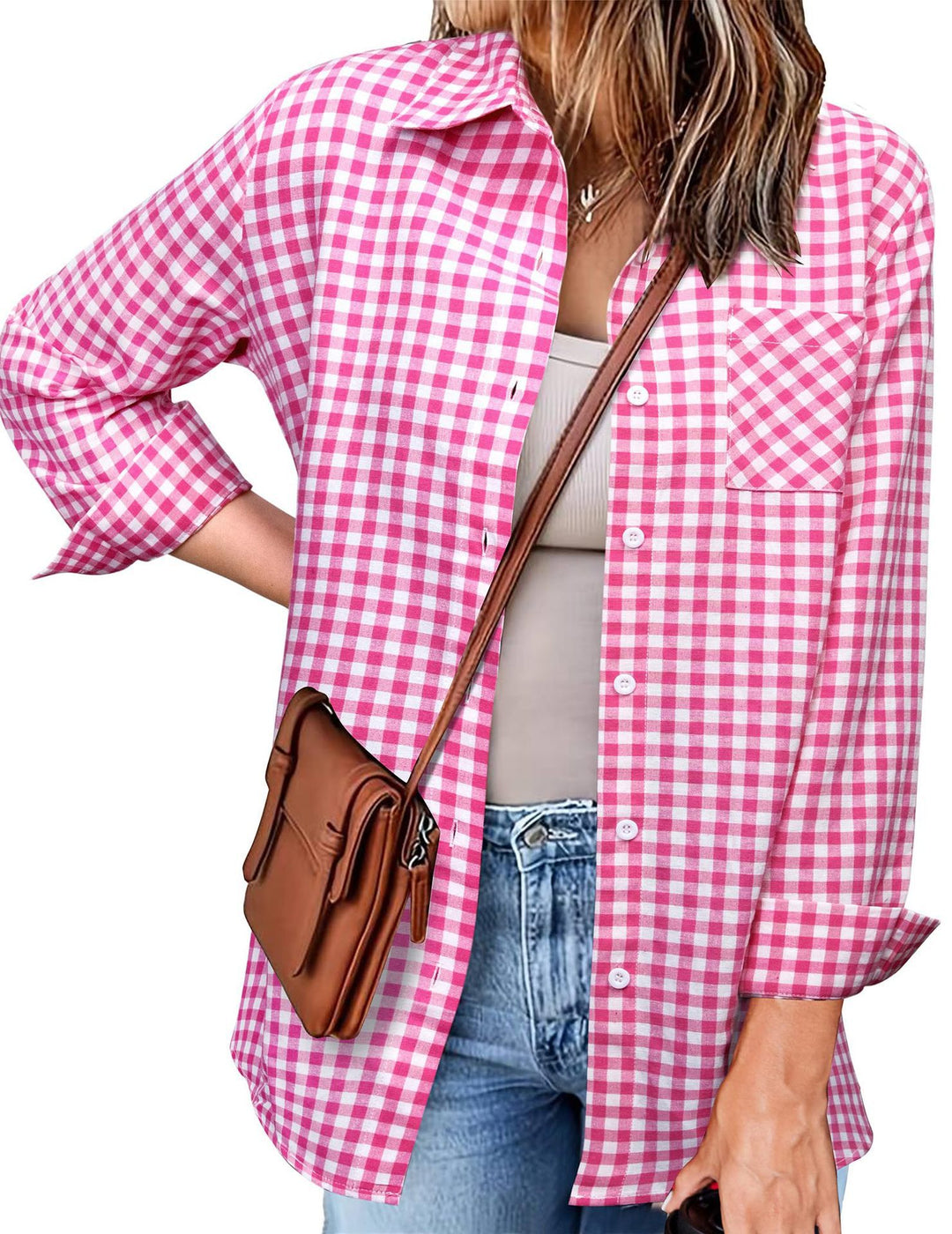 Femme Button-Up Gingham Check Shirt Drune