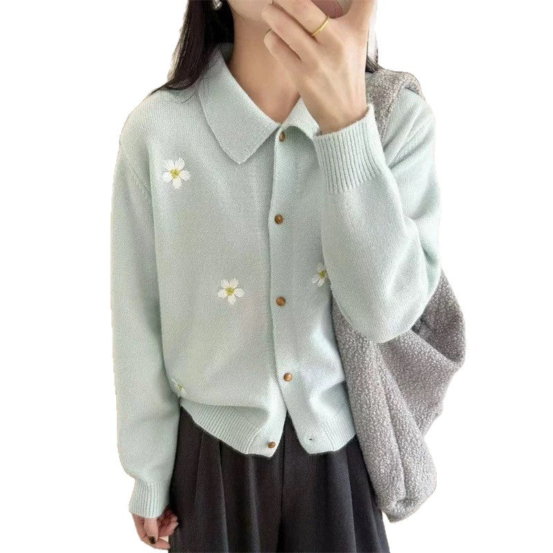 Damen Strickjacke mit floralen Applikationen und klassischem Kragen Drune