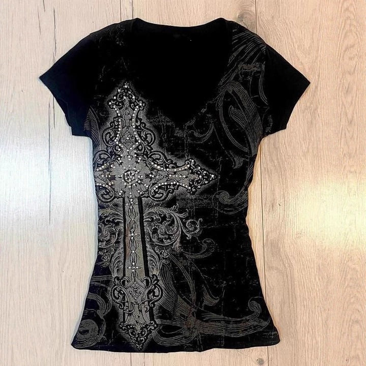 Damen T-Shirt mit aufwendigem Kreuz-Design und Strass-Akzenten Drune