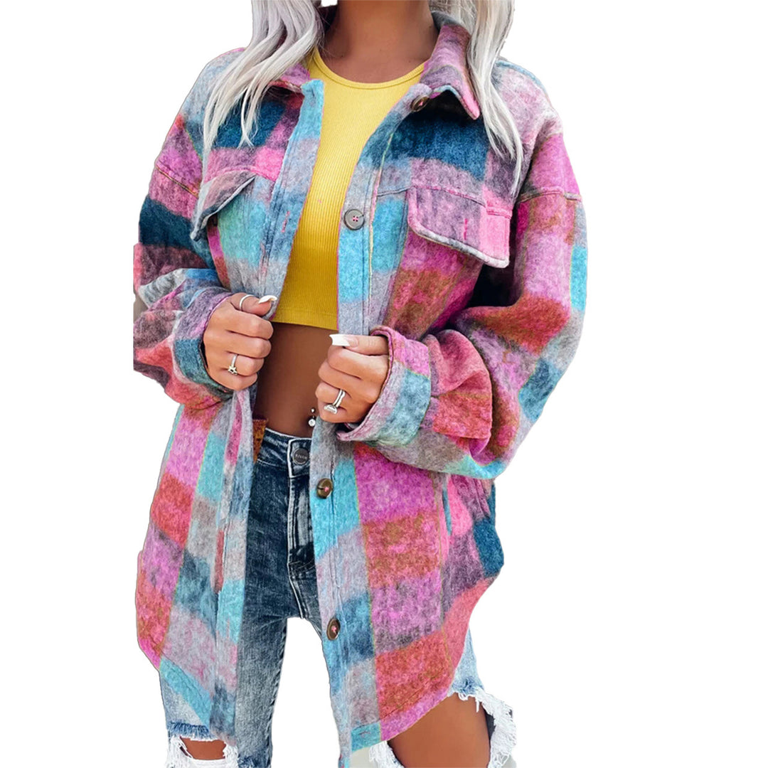 Damen Karo Oversize-Hemdjacke aus weichem Wollmaterial mit praktischen Taschen Drune