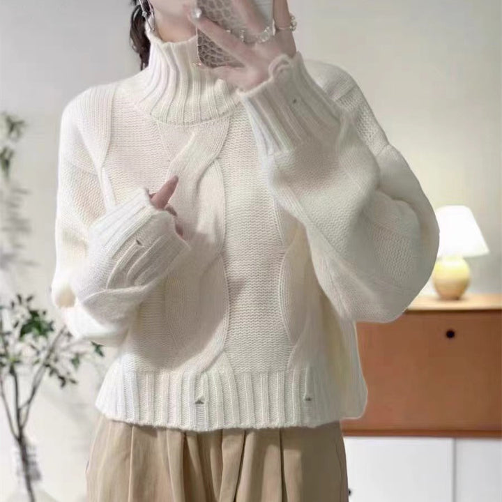Damen Strickpullover mit hohem Kragen und Zopfmuster Drune
