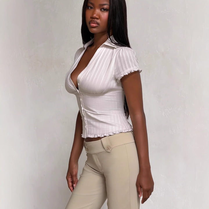 Damen Kurzarm Bluse mit Rüschendetails Drune