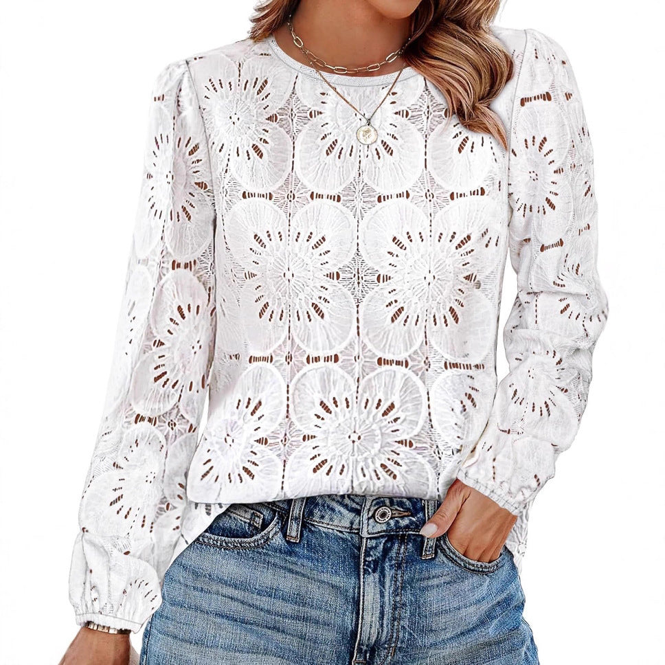Damen Stilvolles Blusenshirt mit floralem Lochmuster und weiten Ärmeln Drune