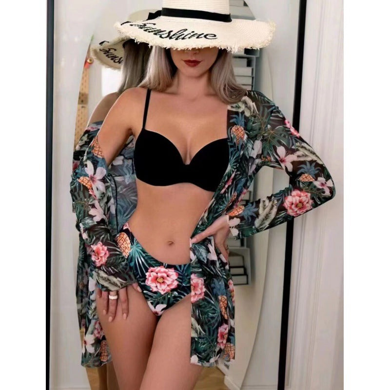 Damen Strandcover-Up mit modischem Blumendruck und langen Ärmeln Drune