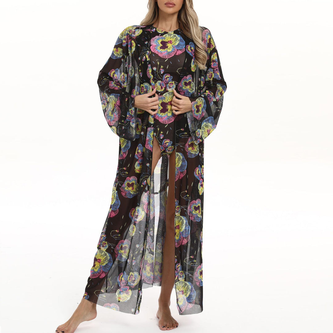 Damen Transparenter Strandkimono mit floralen Mustern Drune